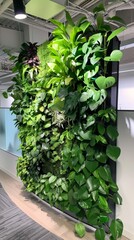 Indoor Living Wall with Variety of Lush Green Plants in Modern Office Space