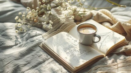 Serene Morning Scene with Person Enjoying Coffee and a Book in Sunlit Room