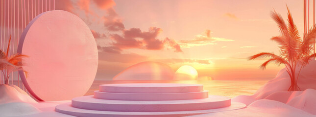 3D render of an abstract tropical background with palm trees, a sunset and a round podium in pastel colors