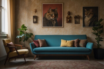 Gemütliches Wohnzimmer mit blauem Sofa und einzigartiger Katzenporträt-Wanddekoration in einer Vintage-Wohnatmosphäre