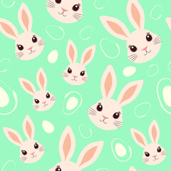 Seamless background with Easter bunny faces and stylized eggs. Flat illustration for Easter. Spring holiday background in pastel colors. Happy Easter