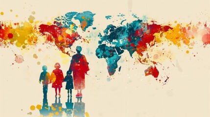 Silhouette of a Woman and Children Against Colorful World Map Backdrop in Artistic Concept