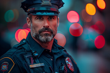 Policeman with stern face and blurred lights