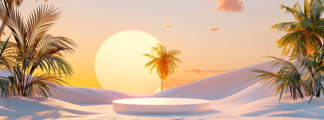 Fototapeta na wymiar 3D render of an abstract tropical background with palm trees, a sunset and a round podium in pastel colors