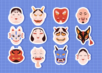 Set of different stickers with kabuki masks or makeup flat style