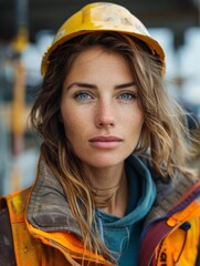 Confident Female Construction Worker in Safety Gear at Urban Building Site