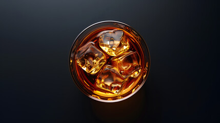 Glass of whiskey with ice cubes top view