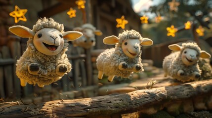 Naklejka premium Animated Sheep Jumping Over Fence in Rustic Farm Setting with Star Ornaments. 3D Illustration of Nursery Rhyme Concept for Children's Books and Bedtime Stories Design.