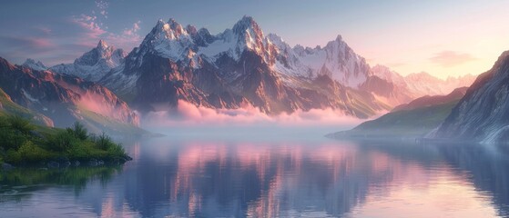 Tranquil mountain lake with morning fog and sunrise