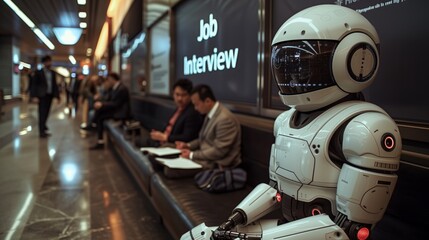 AI Robot waiting for a job interview alongside human candidates, depicting the integration of AI into the workforce. AI Disruption concept.