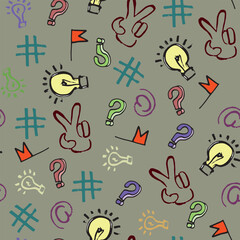 Vector doodle pattern of text and computer symbols, seamless, with signs, drawings of a light bulb,hand, hashtag,flags,question mark. Hand-drawn illustrations. Print for youth textiles, diaries,paper
