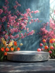 Concrete podium mockup with a backdrop of delicate pink cherry blossoms and vibrant tulips, ideal for product display and springtime themes.