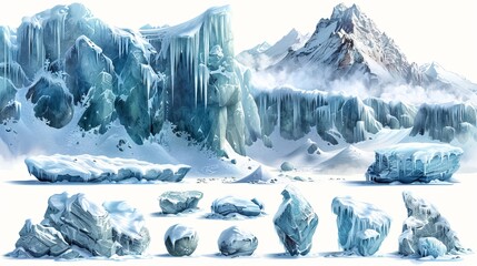 A modern illustration of winter elements, like snowballs and snowdrifts, icicles and snowcaps. Free modern illustration of snowballs, icicles and snowcaps free of charge. - obrazy, fototapety, plakaty