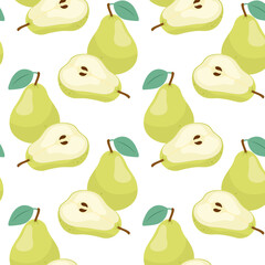 Green pear in flat style. Pattern with ripe pear. Seamless pattern for textile, wrapping paper, background.	