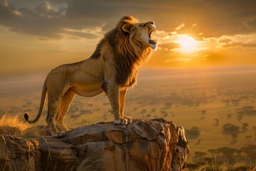 Majestic lion's roar echoes across the savannah, a powerful call from atop a cliff, asserting dominance and presence in the wild