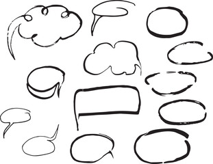 vector set of doodles of dialogue windows, chat, hand-drawn illustrations of lettering, space for text in the shape of an oval,cloud,circle.  Templates as design elements for comics,postcards,texts