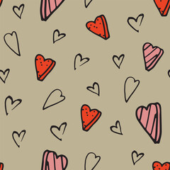 vector doodle pattern with hearts,funny black and red handwritten illustrations, seamless texture.Print for textiles, paper, holiday tableware, wallpaper for notepads, stationery,Valentine's Day cards