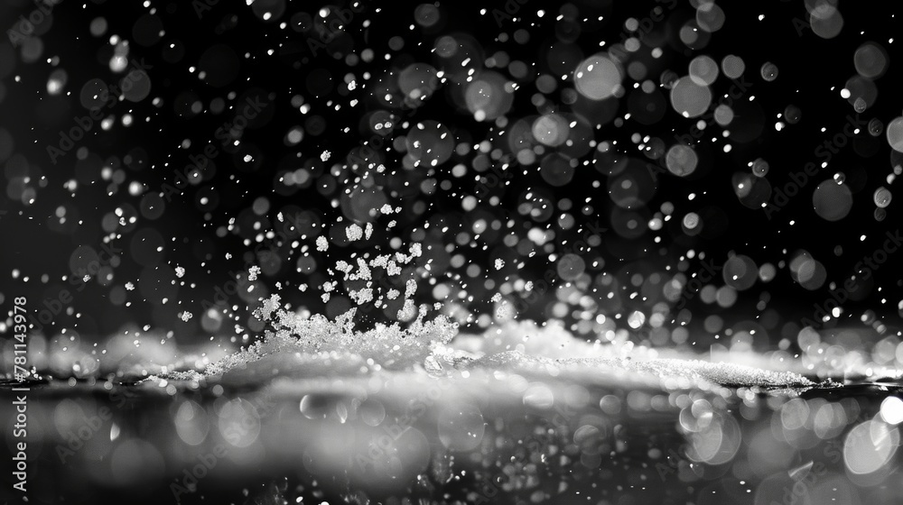 Poster overlay motion of white particles on a black background reminiscent of rain and snow