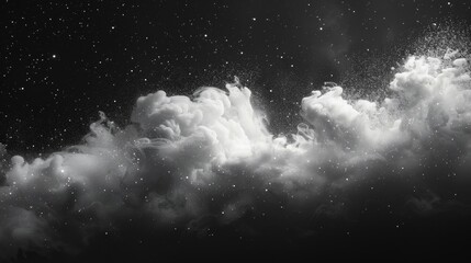 Fototapeta na wymiar An isolated white cloud of vapour smoke floats over a black background. Gas explosions, swirls and dance in space. This is a magic fog dust texture effect that can be overlaid on top of any other