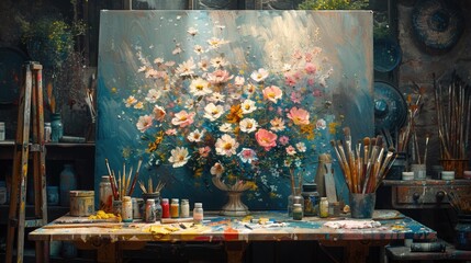 This photo showcases a realistic painting of vibrant flowers elegantly arranged in a vase, placed on a table.
