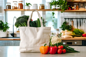 Sac de courses en toile rempli de légumes frais posé sur une table dans la cuisine - obrazy, fototapety, plakaty