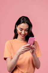 Fototapeta premium Woman on a pink background looks at the phone and smiles 
