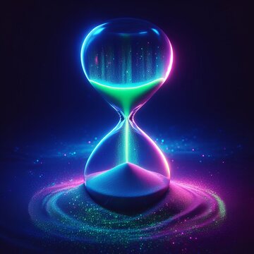Ethereal hourglass illustration with a neon glow, creating a magical illusion of time captured within cosmic particles. AI Generation