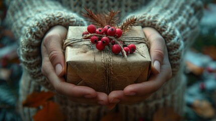 A person holds a wrapped present in their hands, showcasing the anticipation and excitement of receiving a gift. - obrazy, fototapety, plakaty