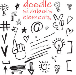 set of vector doodle symbols and signs, handwritten vector illustrations of hearts, question mark, checkboxes, cursor, arrow, hand pointer, hashtag.  Design elements for inscriptions, textures,prints.