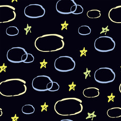 Vector pattern of colorful clouds, stars. Seamless texture of the evening sky, vector doodle illustration. Print for fabric, wallpaper for walls, diary covers, notepads, texture children's background