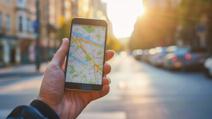 navigation in smart phone app. Tourist's hand holding smartphone with GPS navigation app and location pin icon on blurred street in background. Travel, find the way in unknown city, electronic guide