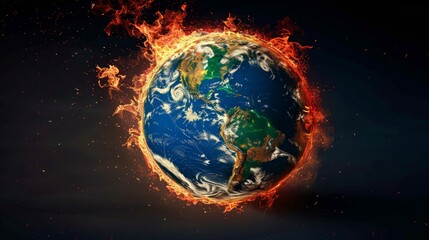 A dramatic portrayal of Earth consumed by flames underscores the critical need to address climate change urgently. It urges swift action to mitigate the impacts of global warming.

