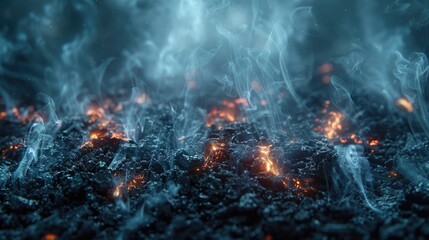 This photo captures a close-up view of fiery flames and billowing smoke against a stark black background.