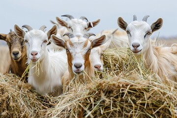 a group of goats eating hay - obrazy, fototapety, plakaty