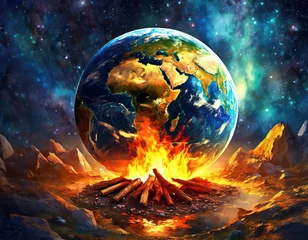 Fotobehang Globe burning Climate change Campfire Space warming Universe symbolic © Tobias