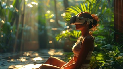 A woman wearing a virtual reality headset sits among towering trees in a forest, engaging with a virtual world. - obrazy, fototapety, plakaty