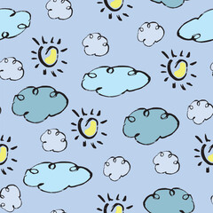 Summer pattern sun and clouds, vector illustration, cheerful doodle seamless texture, bright childish blue and yellow colors, handwritten elements. Suitable for printing on fabric, paper, dishes.