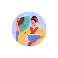 A beautiful female character in a kimono showing traditional patterns, umbrellas and a rice paper fan set