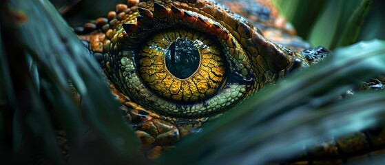 Close-up of a crocodile's eye among lush greenery - obrazy, fototapety, plakaty