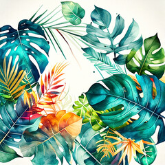Watercolor jungle background, vibrant colors and intricate details create a lush and inviting atmosphere. Watercolor art is perfect for invitations, greeting cards, website design, social media