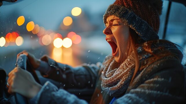 The sight of a woman yawning while driving serves as a potent indicator of driver fatigue, a prevalent precursor to potential road hazards.
