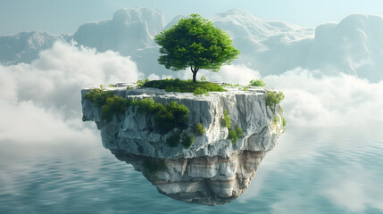 Lone tree on a floating island above clouds reflected in water, environmental concept