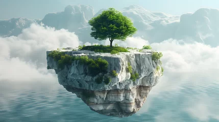 Washable wall murals Reflection Lone tree on a floating island above clouds reflected in water, environmental concept