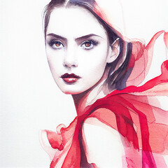 Brunette woman wearing red dress watercolor illustration, fashion style lady art on white background, beautiful glamour model girl