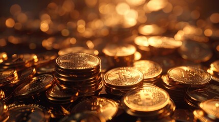 A pile of gold coins arranged neatly on a table, showcasing the gleaming wealth and value. - obrazy, fototapety, plakaty