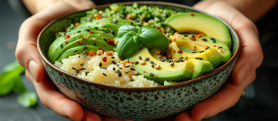 Hands holding healthy bowl with avocado, rice and greens close up. Food and health. Healthy meal, dinner dish. - 781145301
