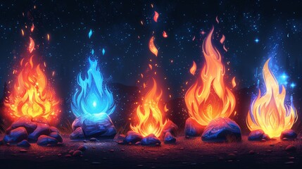 Cartoon campfire. Fire flames, bright fireball, hot wildfire and red fiery flames, campfire, red fiery flames isolated modern illustration set.