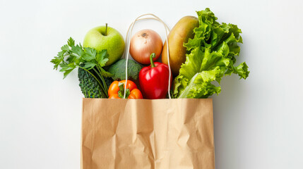 Organic vegetables in eco shopping bag on white background. Healthy food selection. Eco friendly...
