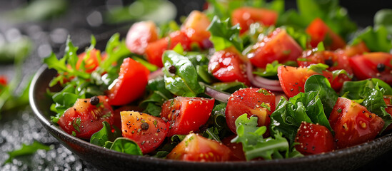 Healthy vegetable salad with tomatoes, red onion and greens. Food and health. Healthy meal, dinner dish.- 781145331