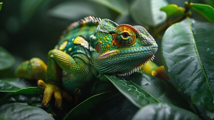Obraz premium Green chameleon camouflaged among tropical leaves